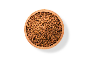 Instant coffee in wooden bowl isolated on white background. Top view