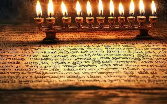 Ancient Hebrew script detailing the Hanukkah story, illuminated by the warm glow of menorah candles, [Hanukkah story], [historical manuscript]