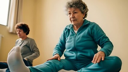 Active seniors stretching for fitness. Mature women's yoga routine promotes health and flexibility, ideal for wellness programs, senior living content, and active lifestyle campaigns.