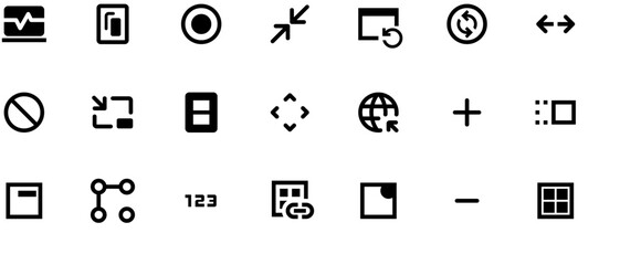 Graphic design software icons set with shapes, paintbrushes, arrow, camera/video plus sign, mobile devices, and code symbols in black vector style on white background.