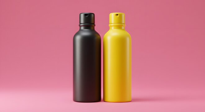 Black and Yellow Spray Bottles on Pink Background - Product Mockup, Aerosol Can, Cosmetics, Hair Spray, Deodorant, Paint