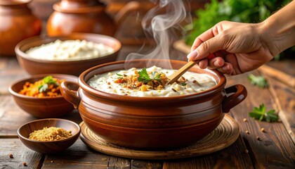 Steaming Creamy Soup In Earthenware Pot