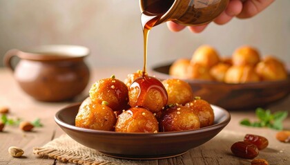Sweet Balls Drizzled With Caramel Syrup On Wooden Table