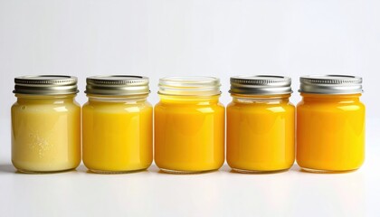 Row Of Baby Food Jars In Different Shades Of Yellow
