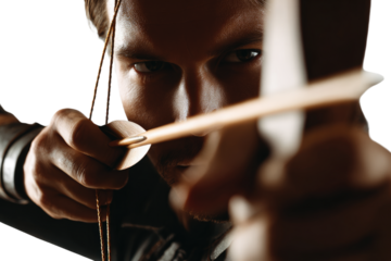 Focused Archer Closeup of a Man Aiming a Bow and Arrow