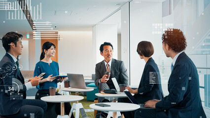 会議するビジネスパーソンのグループと統計データのコンセプト