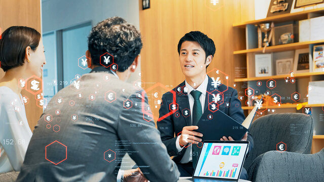 接客するビジネスマンと金融テクノロジーのコンセプト