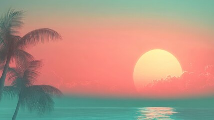 Obraz premium Vibrant sunset over calm ocean with palm trees.