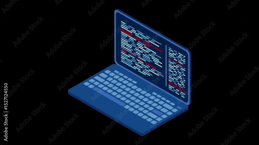 Poster Isometric laptop animation. 3d isometric laptop computer. Abstract programming language and program code on a laptop screen. Transparent background with alpha channel