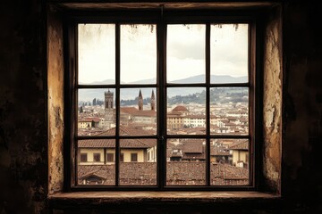 A view of florence through a weathered window frame with the city skyline in the distance on a cloudy day