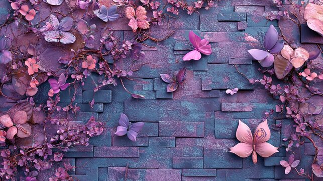 A decorative wall with delicate purple flowers, vines, and butterflies
