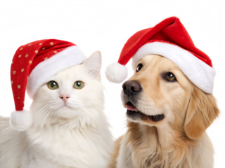 Festive cat and dog in santa hats isolated on a white background