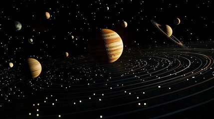 A digital illustration of the solar system with planets and orbiting lines