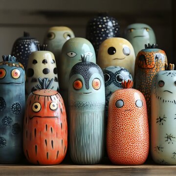 A colorful collection of whimsical ceramic creatures with unique expressions and designs.