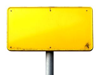 Blank yellow signboard in urban setting signage street environment close-up view cut out on transparent background