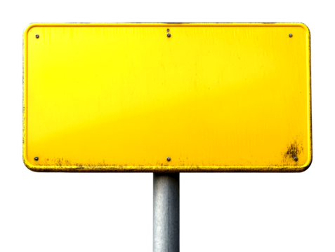 Blank yellow signboard in urban setting signage street environment close-up view cut out on transparent background