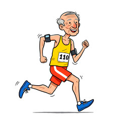 Active Senior Man Running a Marathon Cartoon
