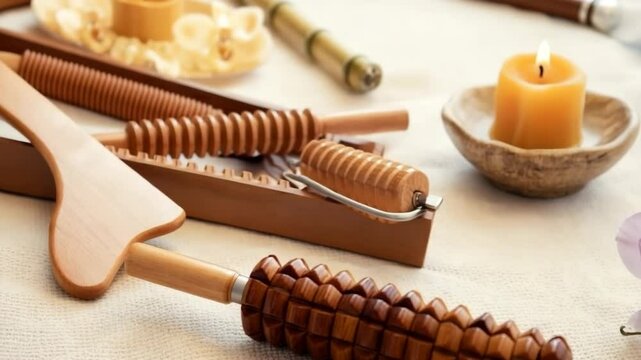 Collection of wooden massage tools displayed on a textured surface, accompanied by a candle and decorative items, creating a calming atmosphere