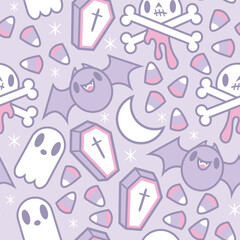 Cute Halloween Pastel Seamless Pattern with Ghosts, Bats, and Candy Corn – Kawaii spooky background in soft purple and pink colors.