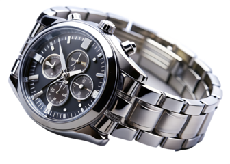 Mens chronograph wristwatch silver metal band isolated on a white background