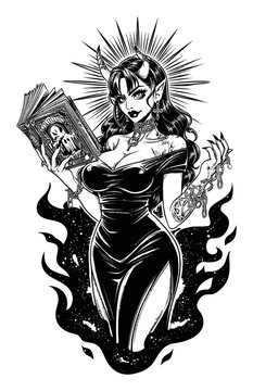 Dark Fantasy Illustration of Enchantress with Spellbook and Flames
