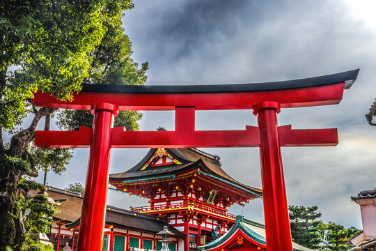Colorful Red Tori Worship Hall Fushimi Inari Shrine Kyoto Japan - Powered by Adobe