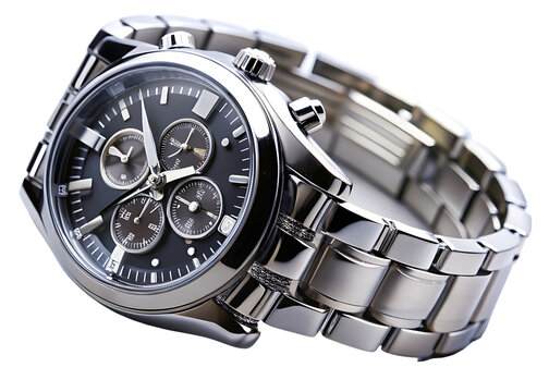Mens chronograph wristwatch silver metal band isolated on a white background - Powered by Adobe