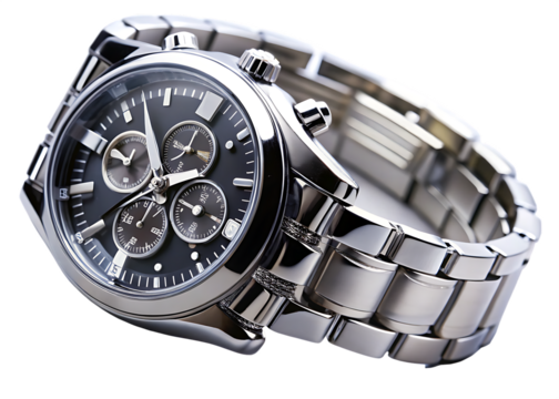 Mens chronograph wristwatch silver metal band isolated on a white background