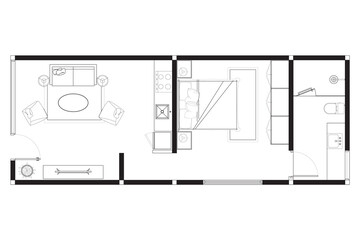 Modern Studio Apartment Floor Plan with Furniture Layout. Vector Lines Black on White Background. 4
