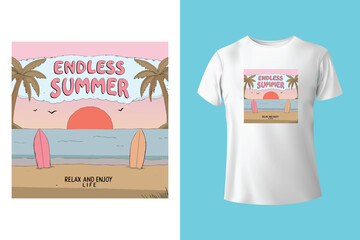 Summer Beach Party T-Shirt Design – Festive Elements with Surfboards, Suns, and Waves