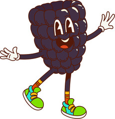 Groovy blackberry fruit character with funny silly face, cartoon vector funky emoji. Groovy blackberry berry with happy smile or laughing in joy for retro cartoon fruit or trippy berry character