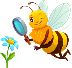 Obraz na płótnie Canvas Cartoon cheerful honey bee character flying near a blue flower, holding a magnifying glass and winking playfully. Isolated vector whimsical, curious insect personage with expression learning a blossom