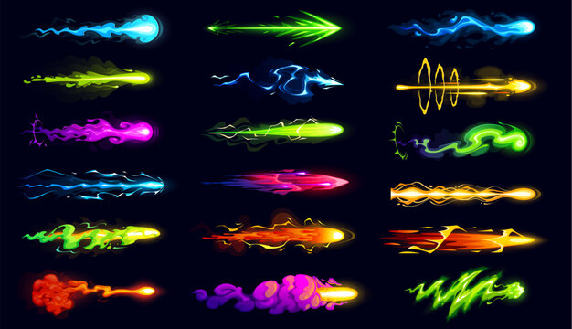 Game gun effect, vector set of cartoon glowing magic bullet trails in bright neon blue, green, pink, yellow and red colors. Fire, plasma, lightning and fantasy energy shot traces in dynamic notion