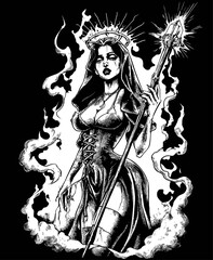Dark Gothic Illustration of a Hand-Drawn Sorceress with Flames and Staff