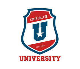 State university college icon. Vector emblem with shield, letter u, star and red blue color. Academic badge for sports team, American university branding, retro varsity typography and campus identity