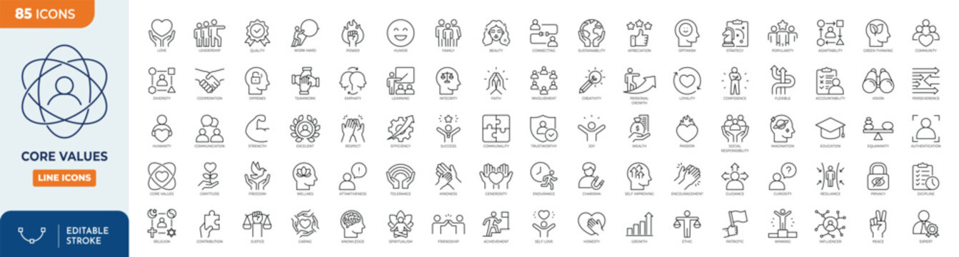 Core Values icon set. Containing core values, innovation, quality, integrity, responsibility, teamwork, reliability, honesty, and more. Outline Icon Collection. Editable stroke. Vector illustration