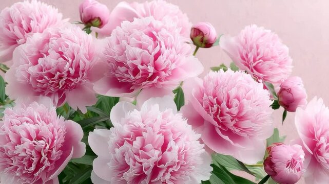 Vibrant pink peonies blooming with lush green foliage on a soft pastel backdrop