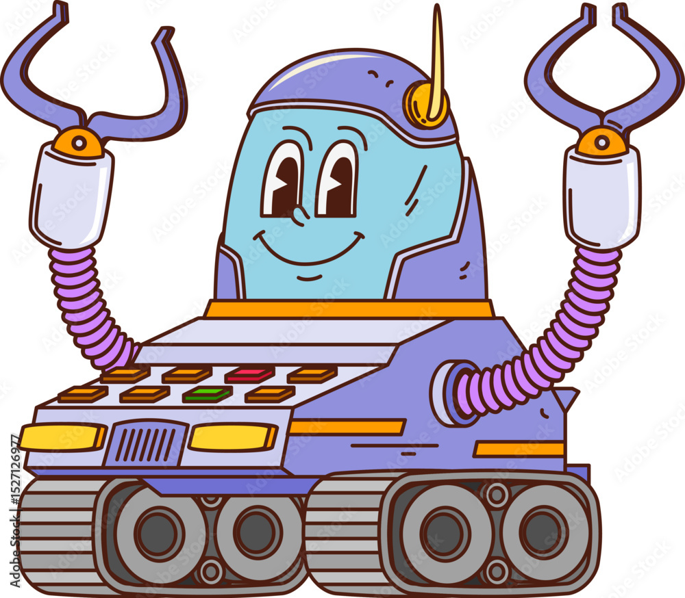 Poster cartoon groovy robot character with tracked base, claw arms and screen face. vector moon rover, comi