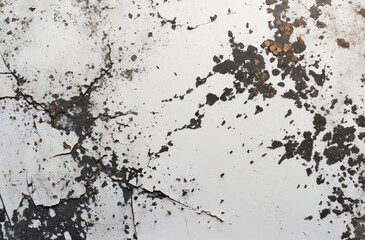 Fototapeta premium A high-resolution photograph of a heavily damaged and peeling white paint on a textured surface, revealing underlying dark and rusted spots.