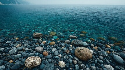 A tranquil shoreline with smooth stones and clear water.