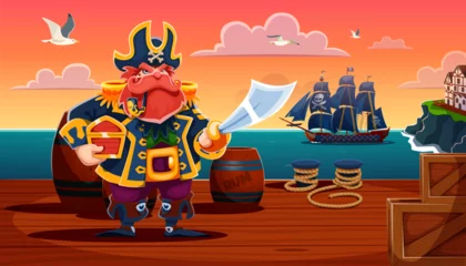Pirate captain character on the old pier in the port holding sword and treasure chest. Cartoon vector scene with corsair, sea sunset, pirate ship with skull sails, barrels, rope and island with house
