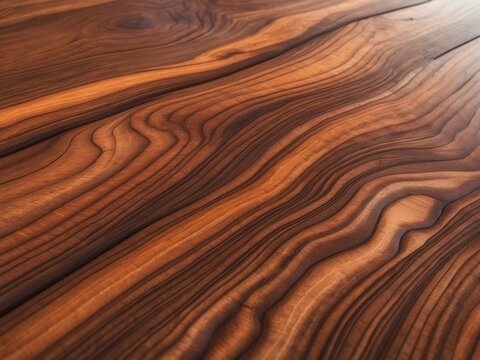 A high-resolution photograph showcasing rich, polished wooden planks with unique, flowing grain patterns and warm tones.