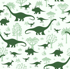 Dinosaurs seamless pattern with light green silhouettes of prehistoric dino species roam amidst ancient trees and plants on white background. Vector childish tile with dino at tropical landscape