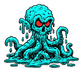 Animated Monster with Skull and Tentacles in Vibrant Blue Colors