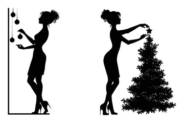 Elegant Silhouettes of Woman Decorating Christmas Tree and Ornaments