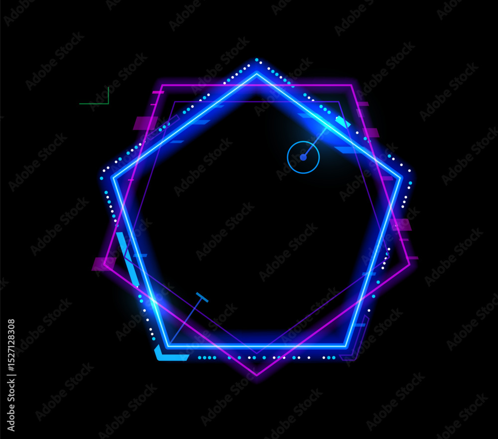 Poster Neon frame for game UI interface or screen of HUD tech and digital asset, vector overlay template. Future, technology game GUI element of neon frame for radar display or screen monitor panel