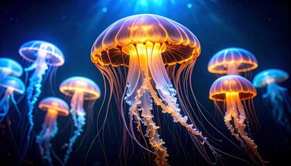 Fototapeta premium A group of glowing jellyfish with colorful orange and blue hues float gracefully in the deep ocean water, creating a mesmerizing and ethereal underwater scene.