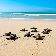 Obraz premium Baby Sea Turtles Crawling to the Ocean