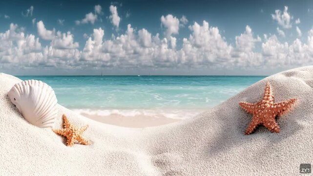Scenic beach view featuring seashells and starfish on soft sand with ocean waves
