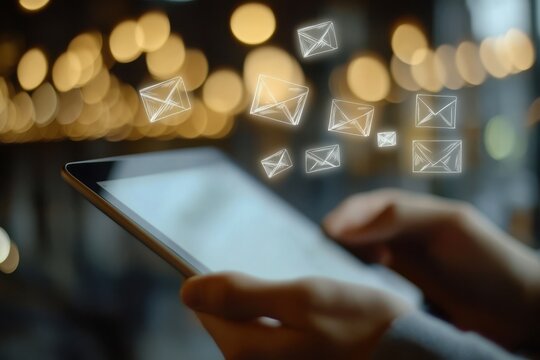Person using a tablet with email icons floating above it against a light background scene